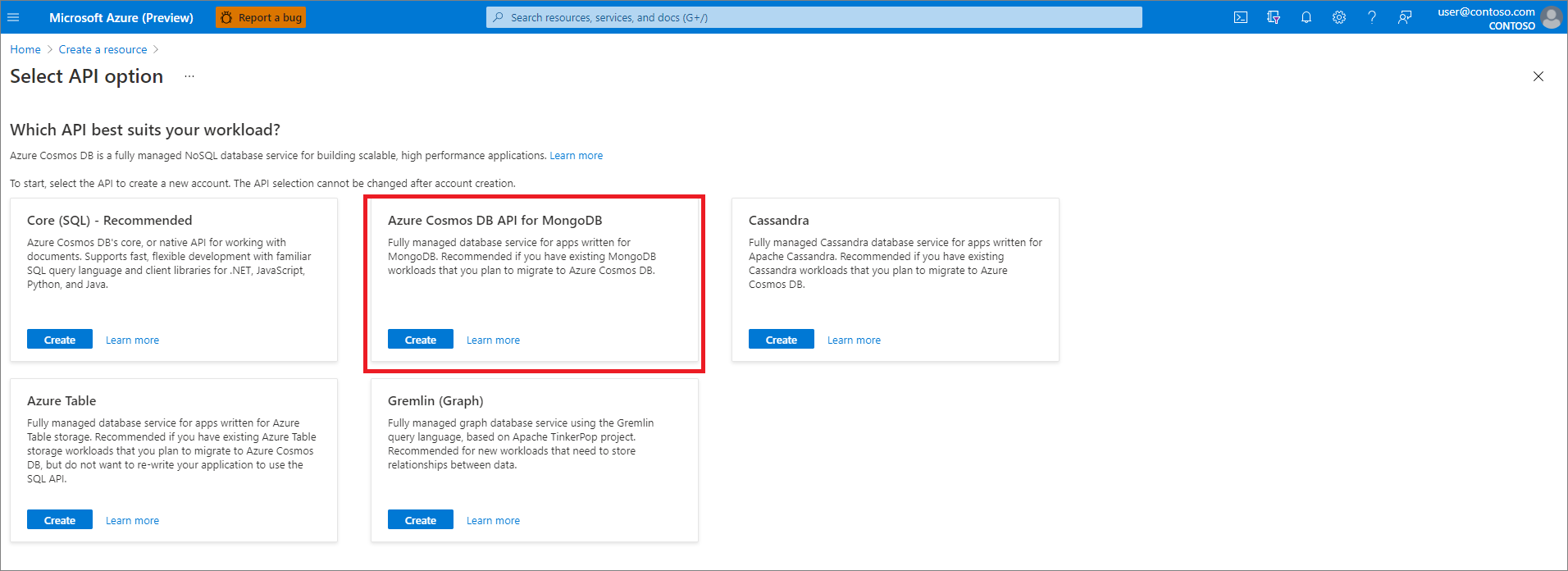 在 Azure 门户中，创建资源，选择 API 选项，选择支持 MongoDB 的 Azure Cosmos DB。