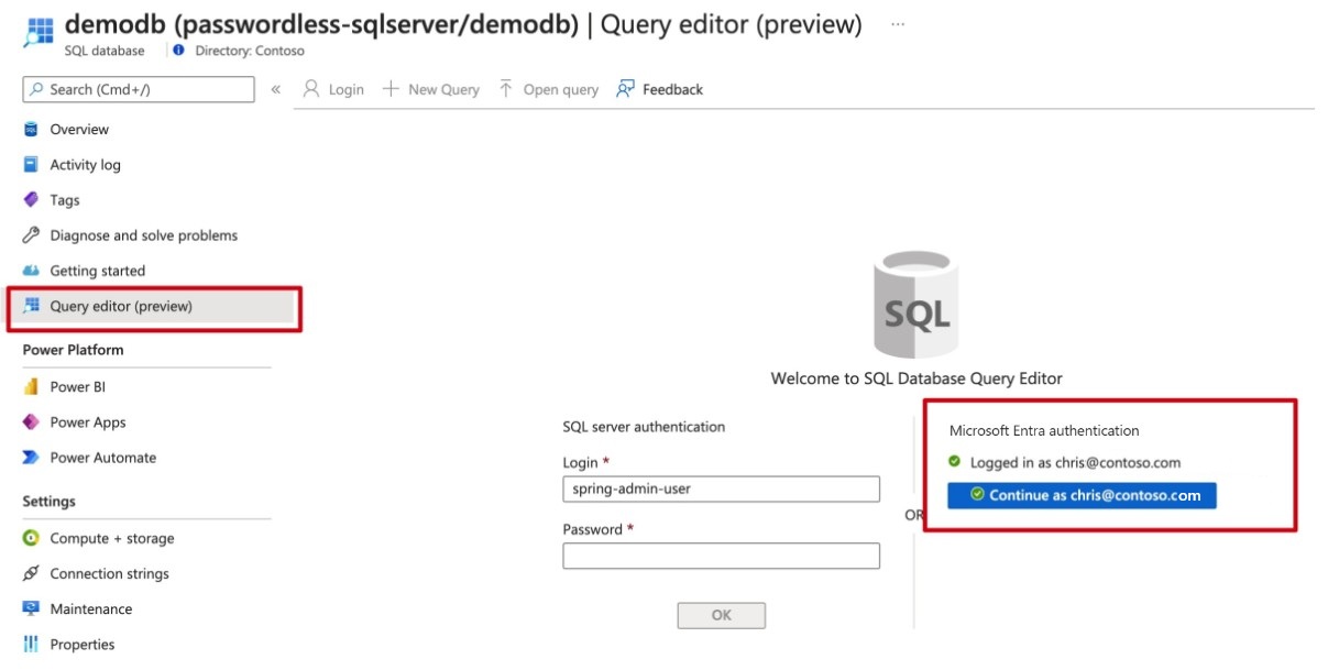显示SQL 数据库查询编辑器Azure 门户的屏幕截图。