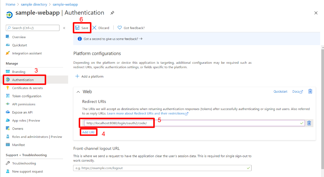 Azure 门户的屏幕截图，其中突出显示了重定向 URI 的 Web 应用身份验证页。