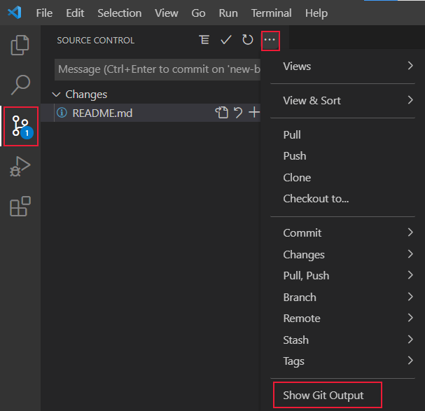 Visual Studio Code 源代码管理，“显示 Git 输出”选项突出显示。