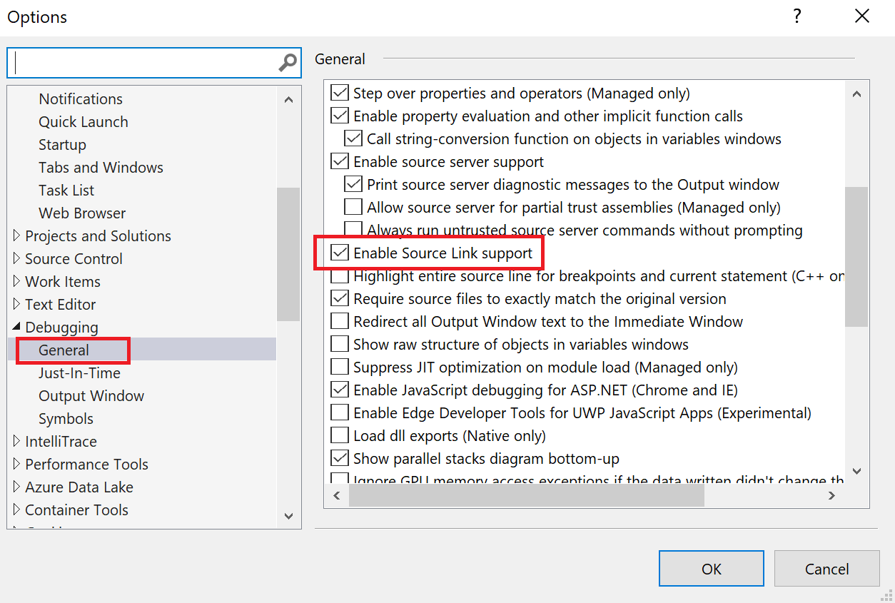 显示如何在 Visual Studio 中启用源链接支持的屏幕截图。