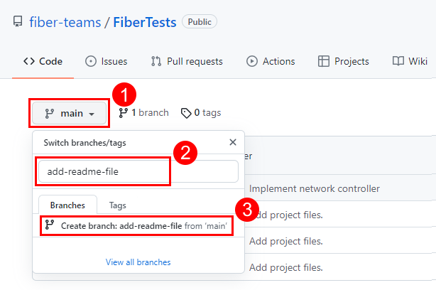 GitHub 存储库主页上的“切换分支/标记”对话框的屏幕截图。
