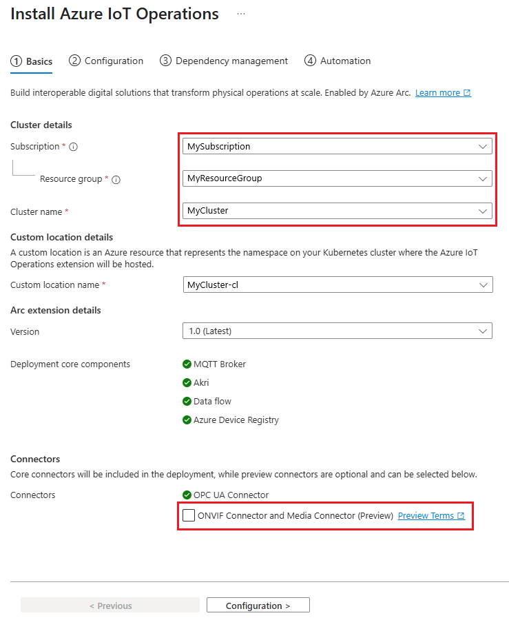显示用于从门户部署 Azure IoT Operations 的第一个选项卡的屏幕截图。