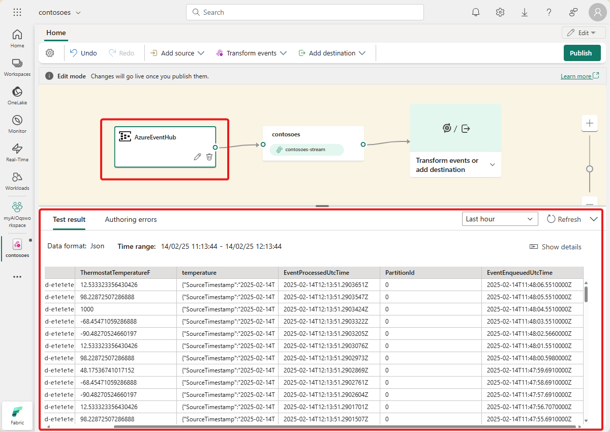 屏幕截图显示包含来自 AzureEventHub 源的数据的 eventstream。