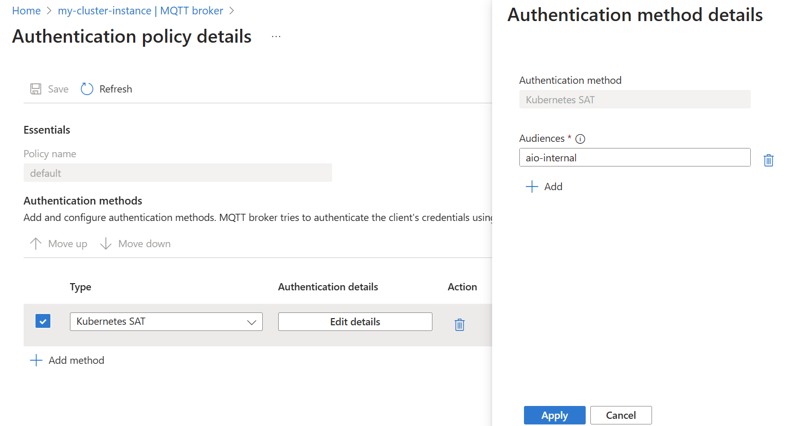 显示使用 Azure 门户查看默认 MQTT 代理身份验证策略的屏幕截图。