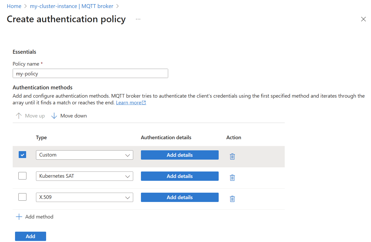 显示使用 Azure 门户添加 MQTT 代理身份验证策略方法的屏幕截图。