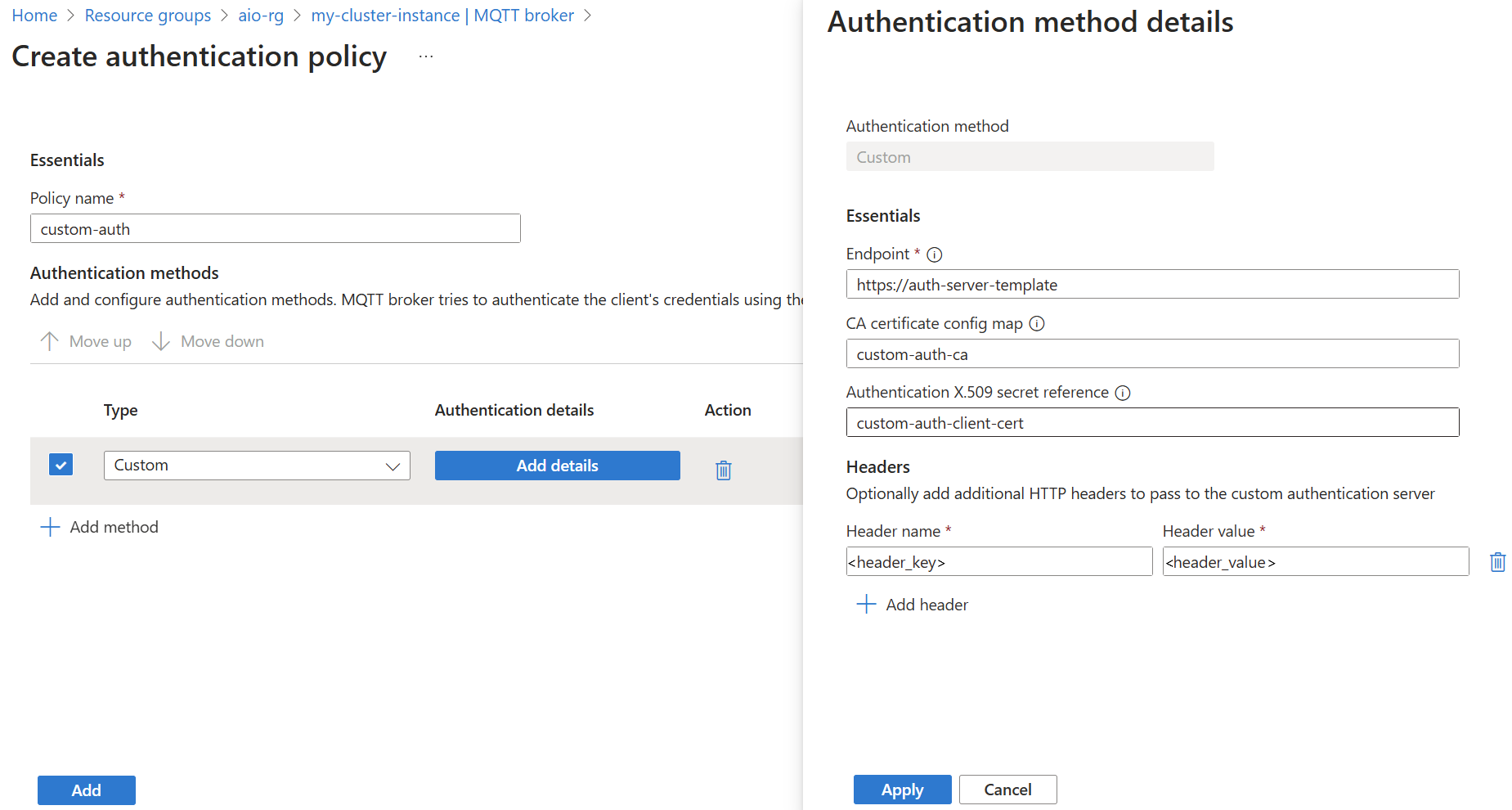 显示使用 Azure 门户设置 MQTT 代理自定义身份验证方法的屏幕截图。