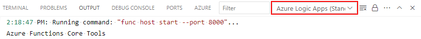 屏幕截图显示“输出”窗口，其中选择了“范围列表”和“Azure 逻辑应用（标准版）”。