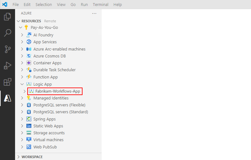 Screenshot shows Visual Studio Code with Resources section and deployed Standard logic app resource.