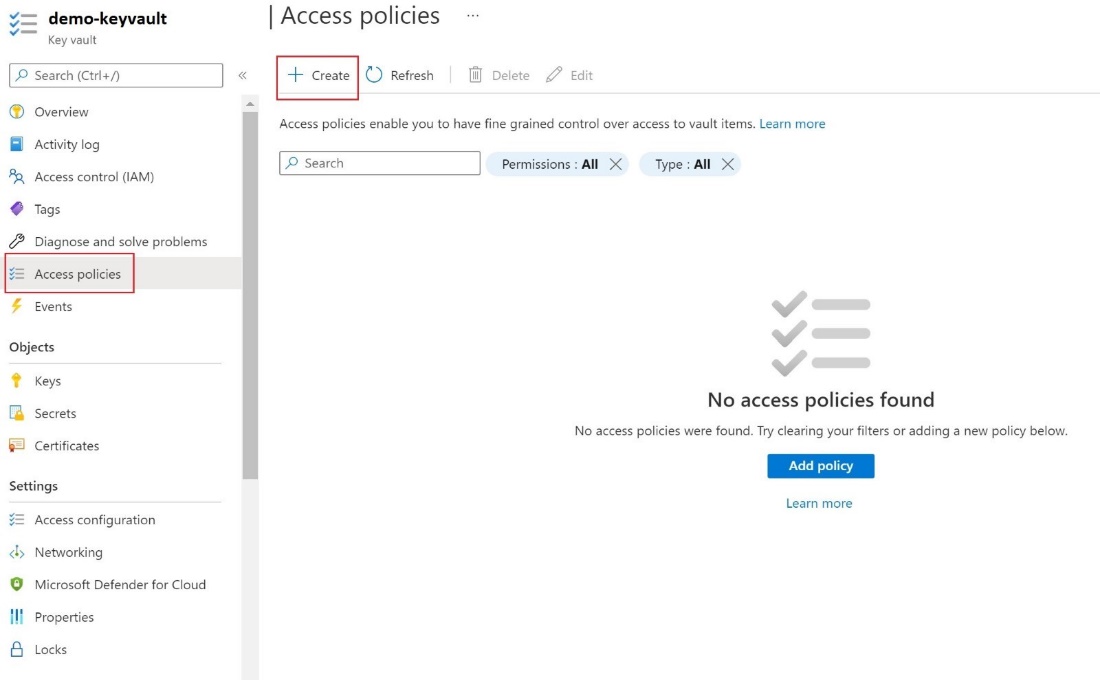 Azure 门户中的密钥保管库访问策略的屏幕截图。