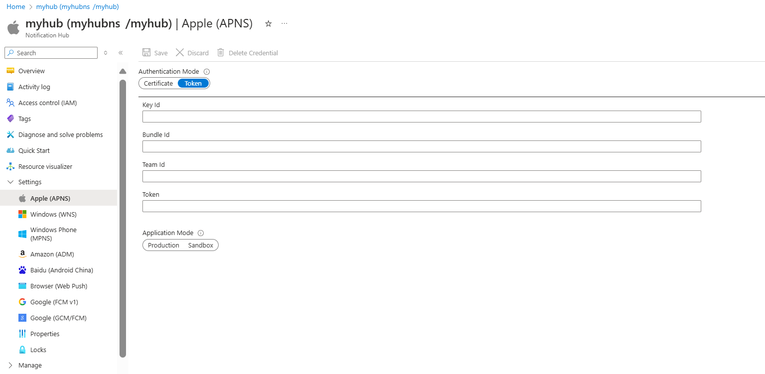Azure 门户中 APNS 令牌配置的屏幕截图。