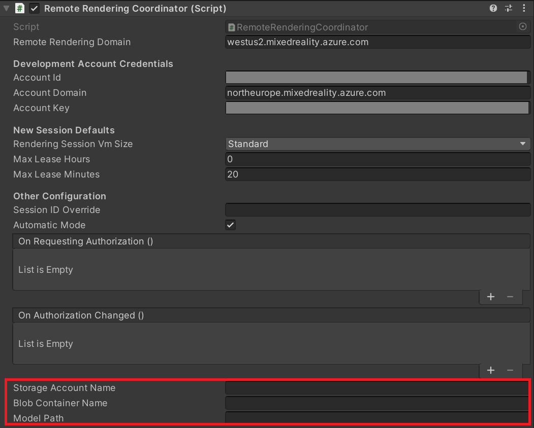 屏幕截图，其中突出显示了“存储帐户名称”、“Blob 容器名称”和 RemoteRenderingCoordinator 组件的“模型路径”。