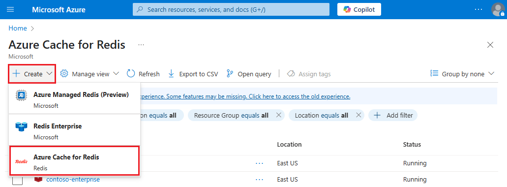 屏幕截图显示 Create 的 Azure Cache for Redis 选项。