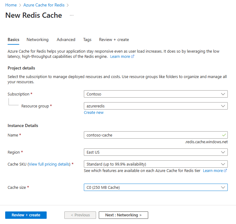 显示“新建 Redis 缓存”页的“基本信息”选项卡的屏幕截图。