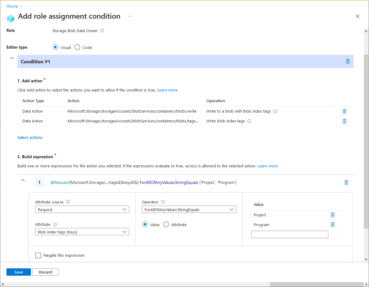 Azure 门户中条件编辑器的屏幕截图，显示了现有 Blob 必须具有 Blob 标记键。