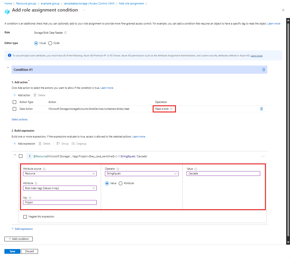 Azure 门户中条件编辑器的屏幕截图，显示了对带有 Blob 索引标记的 Blob 进行读取访问。