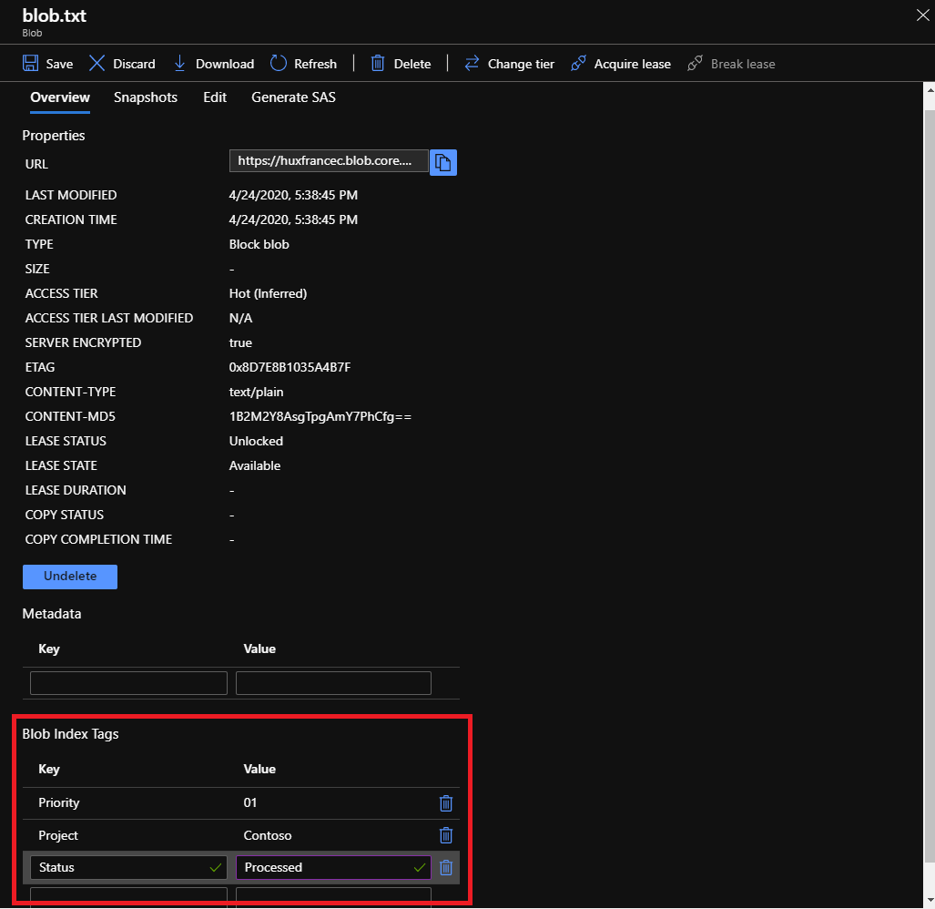 Azure 门户的屏幕截图，其中显示如何获取、设置、更新和删除 Blob 上的索引标记。