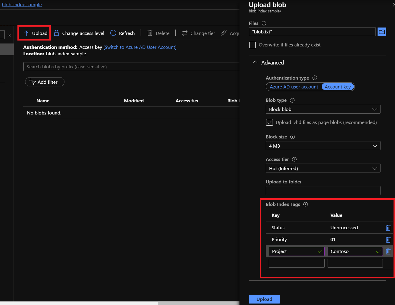 Azure 门户的屏幕截图，其中显示如何通过索引标记上传 Blob。