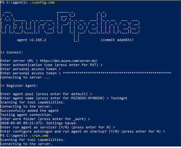 在 Azure DevOps 中使用 PowerShell 完成代理安装。