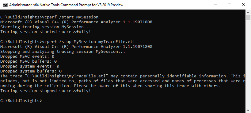 一个命令窗口的屏幕截图，显示了 vcperf.exe 命令和结果。