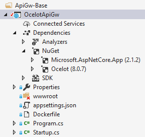解决方案资源管理器的屏幕截图，其中显示了 Ocelot API 网关项目。