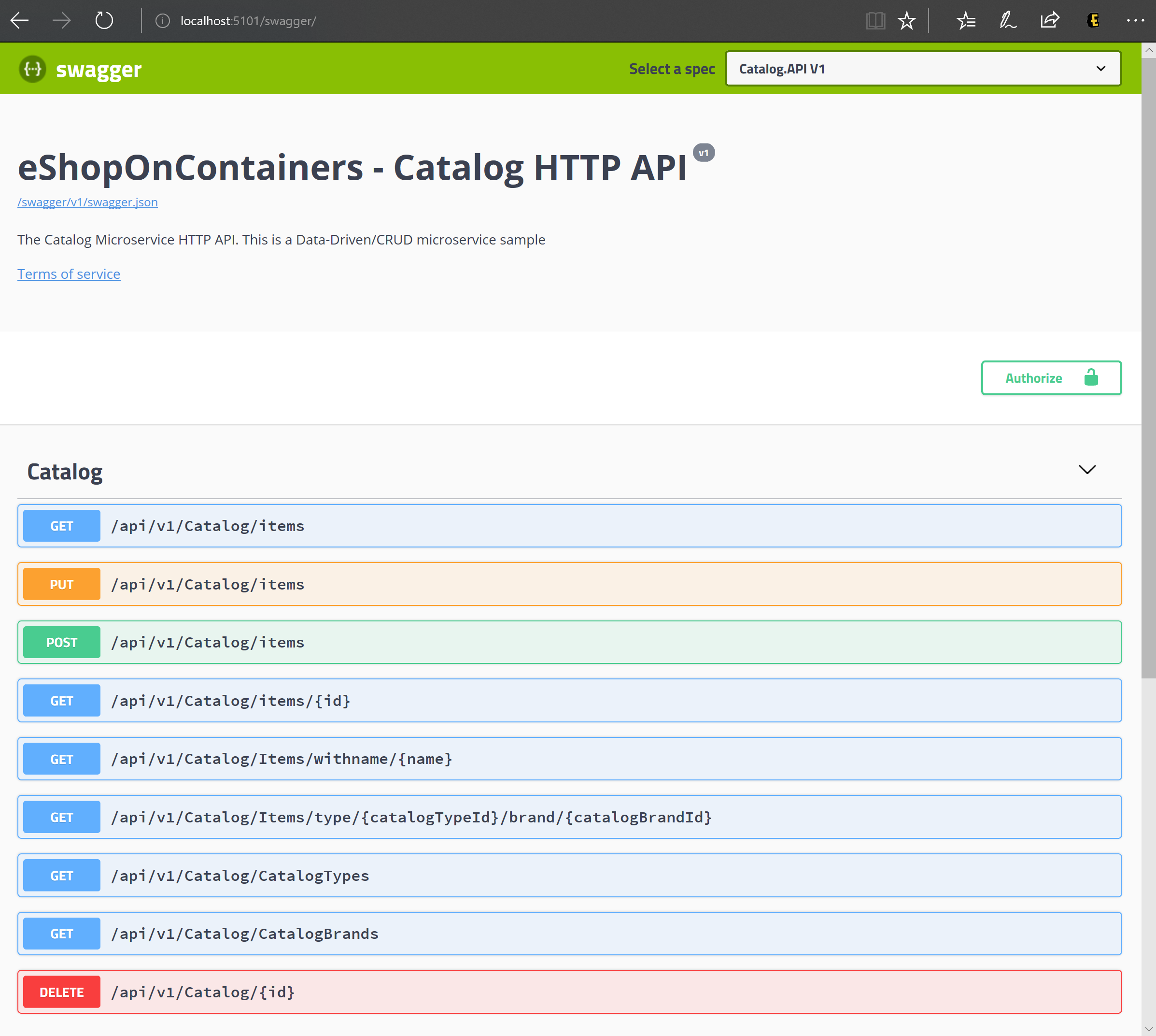 显示 Catalog.API REST API 的 Swagger UI 的屏幕截图。