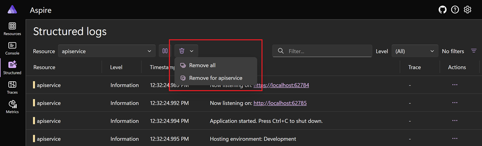 仪表板结构化日志页的 .NET.NET Aspire 屏幕截图，其中显示了如何删除遥测数据。