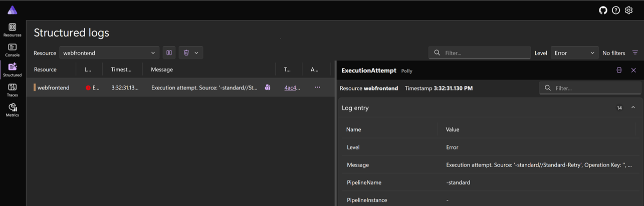 .NET.NET Aspire 仪表板结构化日志页的屏幕截图，其中显示了带有结构化日志条目详细信息的下角窗口。