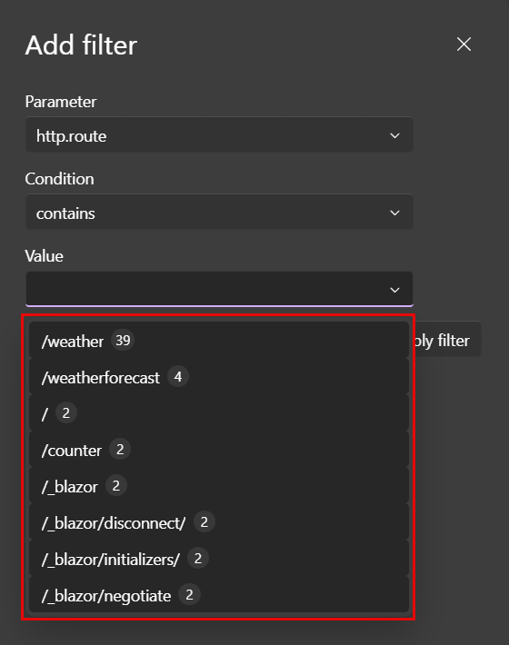 .NET.NET Aspire 仪表板跟踪页的屏幕截图，其中显示了选择了 http.route 参数的“添加筛选器”对话框。