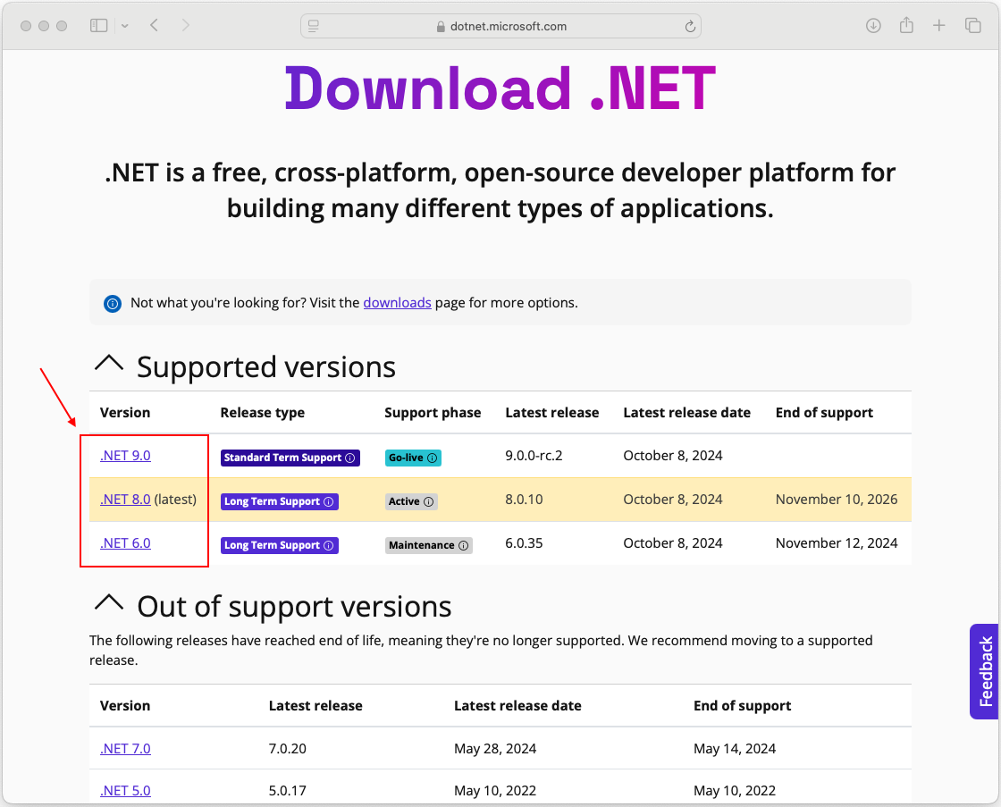 .NET 下载网站。列出了 6.0 至 9.0 版本。红色框突出显示了这些下载链接。