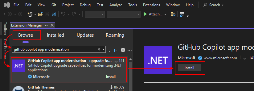 Visual Studio 中的“管理扩展”窗口，其中显示了 GitHub Copilot 应用现代化。