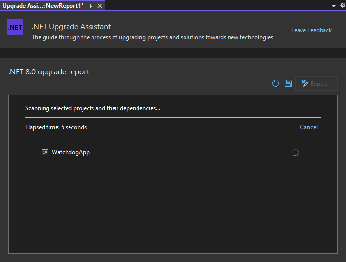 运行分析的 .NET 升级助手分析向导。