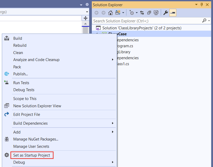 Visual Studio 中用于设置启动项目的项目上下文菜单