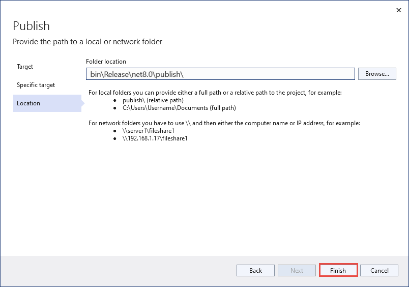 Visual Studio 发布页“位置”选项卡