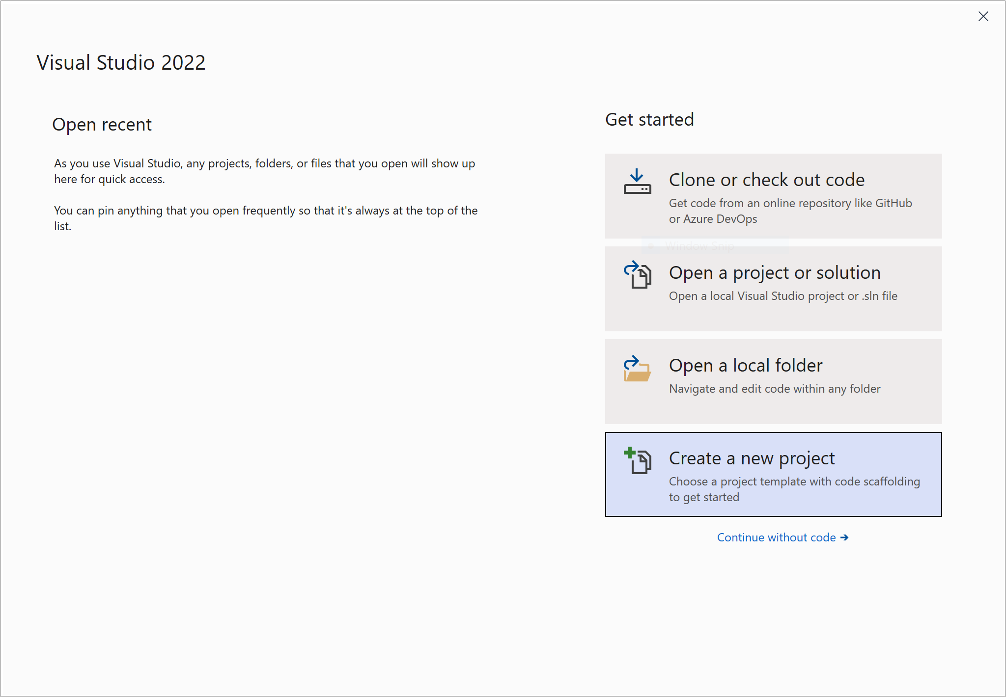 Visual Studio 起始页上选择的“创建新项目”按钮