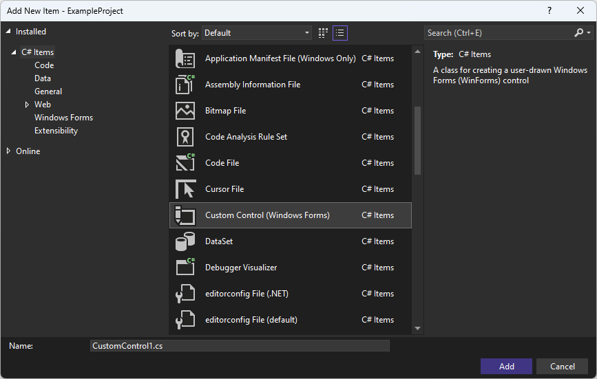 在 Visual Studio 中为 Windows 窗体添加项目对话框