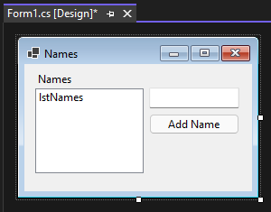 Visual Studio 2022 设计器，打开适用于 .NET 的 Windows 窗体。这里有一个用于存储名称的列表框、一个用于输入或显示名称的文本框，以及一个用于添加名称的按钮。
