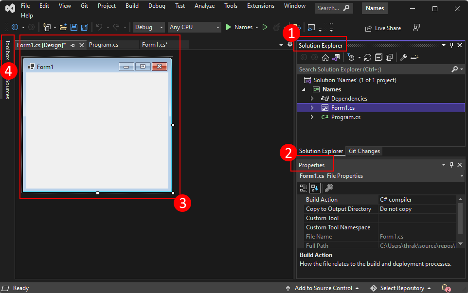 创建适用于 .NET 的 Windows 窗体项目时，应知道 Visual Studio 2022 的重要组件。