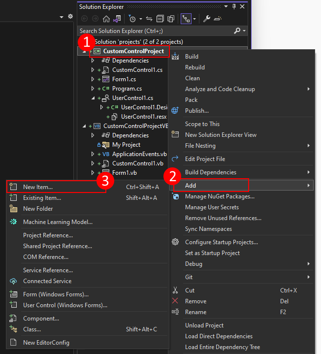 Visual Studio 的图像。在“解决方案资源管理器”窗口中，右键单击项目以显示菜单。在菜单中突出显示的是“添加”菜单项，该菜单项已展开，显示子菜单。在子菜单中，突出显示了“新建项”菜单项。