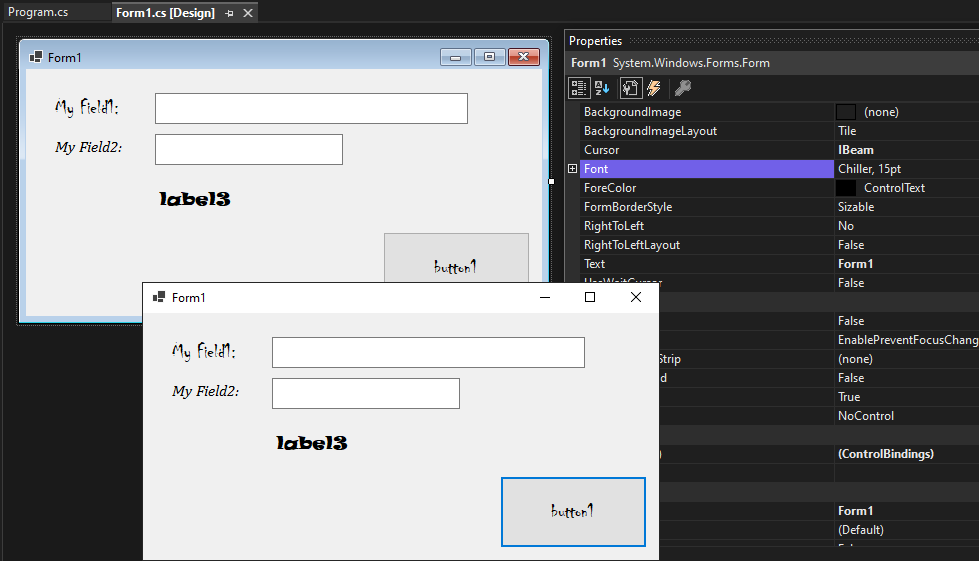 Windows 窗体设计器在 Visual Studio 中使用默认字体设置