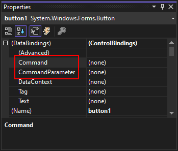Visual Studio 属性窗口突出显示 Windows Forms 中按钮的 Command 和 CommandParameter 属性。