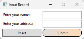 WPF 应用的屏幕截图，其中包含两个标有名称和地址的文本框。两个按钮可见。一个按钮名为“重置”，另一个按钮名为“Submit”。“提交”按钮具有圆角，并应用了桃色。