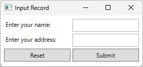 WPF 应用的屏幕截图，其中包含两个标有名称和地址的文本框。两个按钮可见。一个按钮名为“重置”，另一个按钮名为“Submit”。