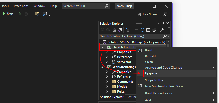 Visual Studio 中 .NET 升级助手的“升级”菜单项。