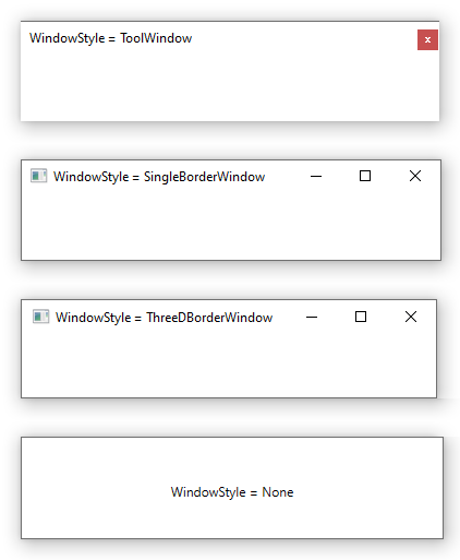 截图展示 WindowStyle 如何影响 WPF 中的窗口。