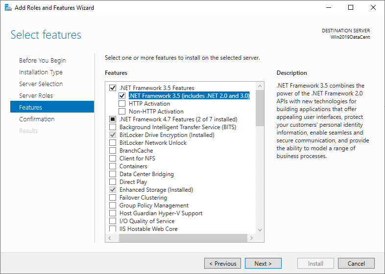 Windows Server 中的“添加角色和功能向导”对话框。已选择 .NET Framework 3.5。