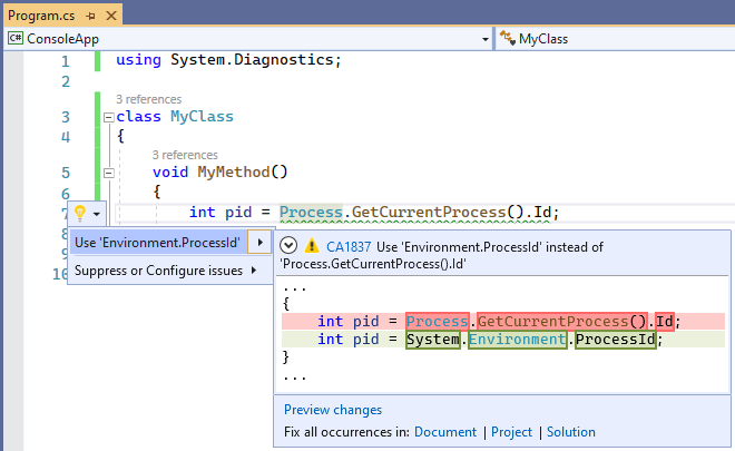 “CA1837 - 使用‘Environment.ProcessId’而不是‘Process.GetCurrentProcess().Id’”的代码修补程序