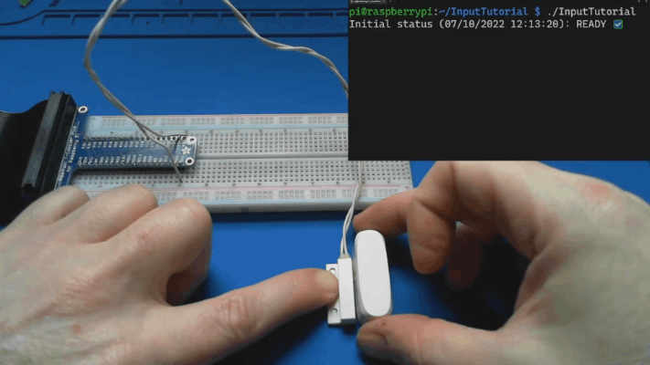 动画 GIF 展示了磁簧开关的打开和关闭。该开关暴露在磁铁上，应用程序显示 READY。磁铁被移除后，应用程序显示 ALERT。然后重复该动作。