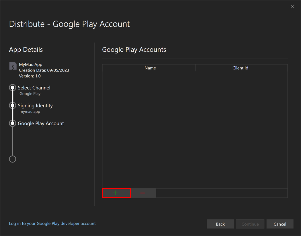 在分发对话框中添加 Google Play 开发人员帐户的屏幕截图。