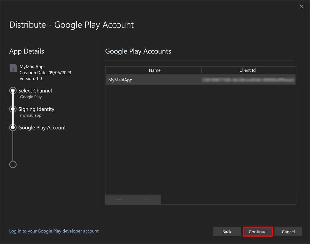 Visual Studio 中授权 Google API 访问的屏幕截图。